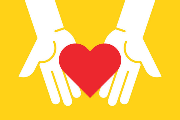 illustration of hands holding a red heart against a yellow background